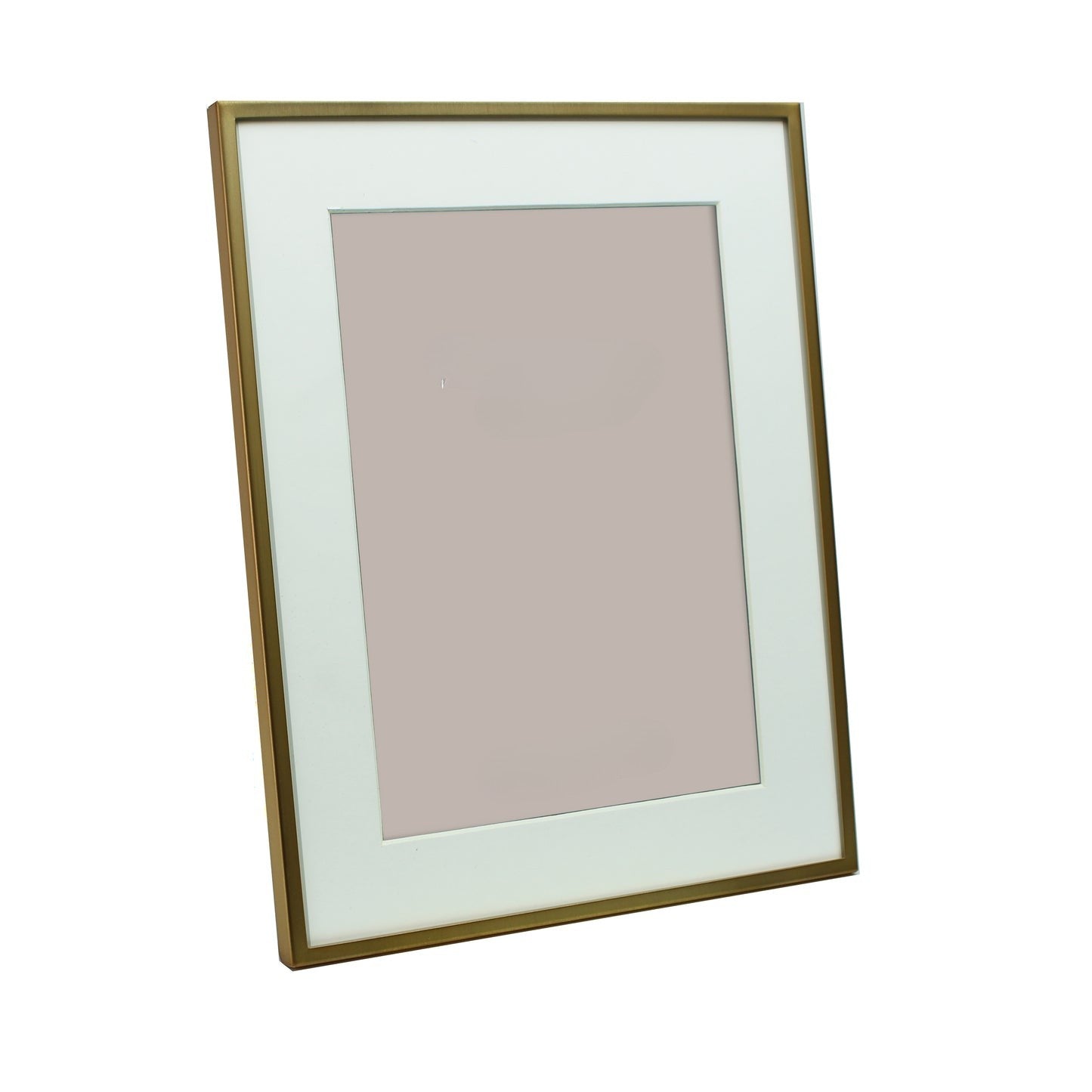 Various sizes of matte gold photo frame with mount on white background 