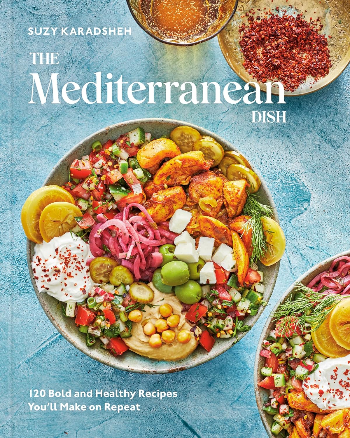 Cover of Mediterranean Dish cookbook with bowl of food on blue background 