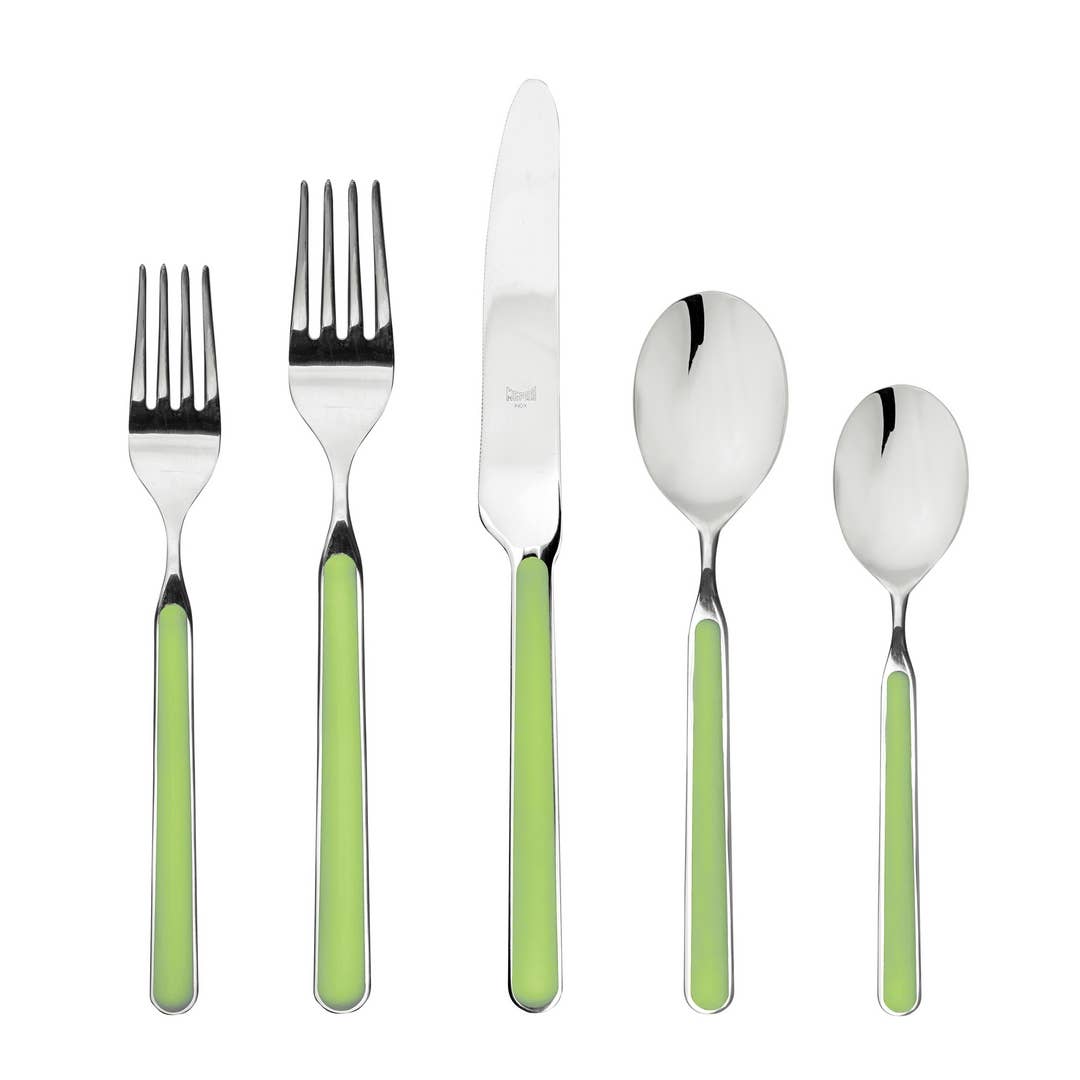 Five piece Italian flatware set in Apple green with 2 forks, knife and 2 spoons on white background 