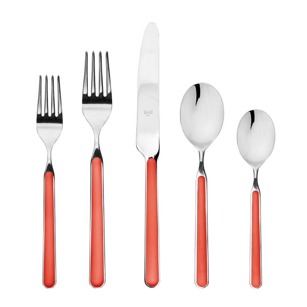 Coral Italian 5 piece flatware set with 2 forks, knife and 2 spoons on white background 