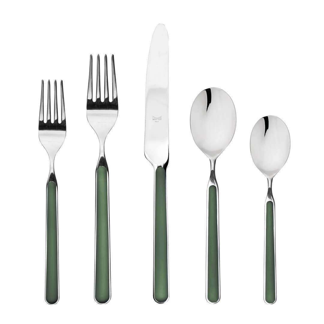 Five piece Italian flatware set in green with 2 forks, knife and 2 spoons on white background 