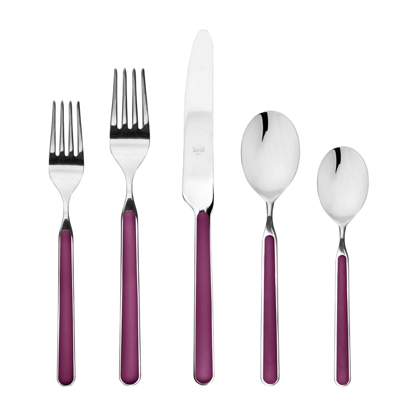 Five piece Italian flatware set in light mauve with 2 forks, knife and 2 spoons on white background 