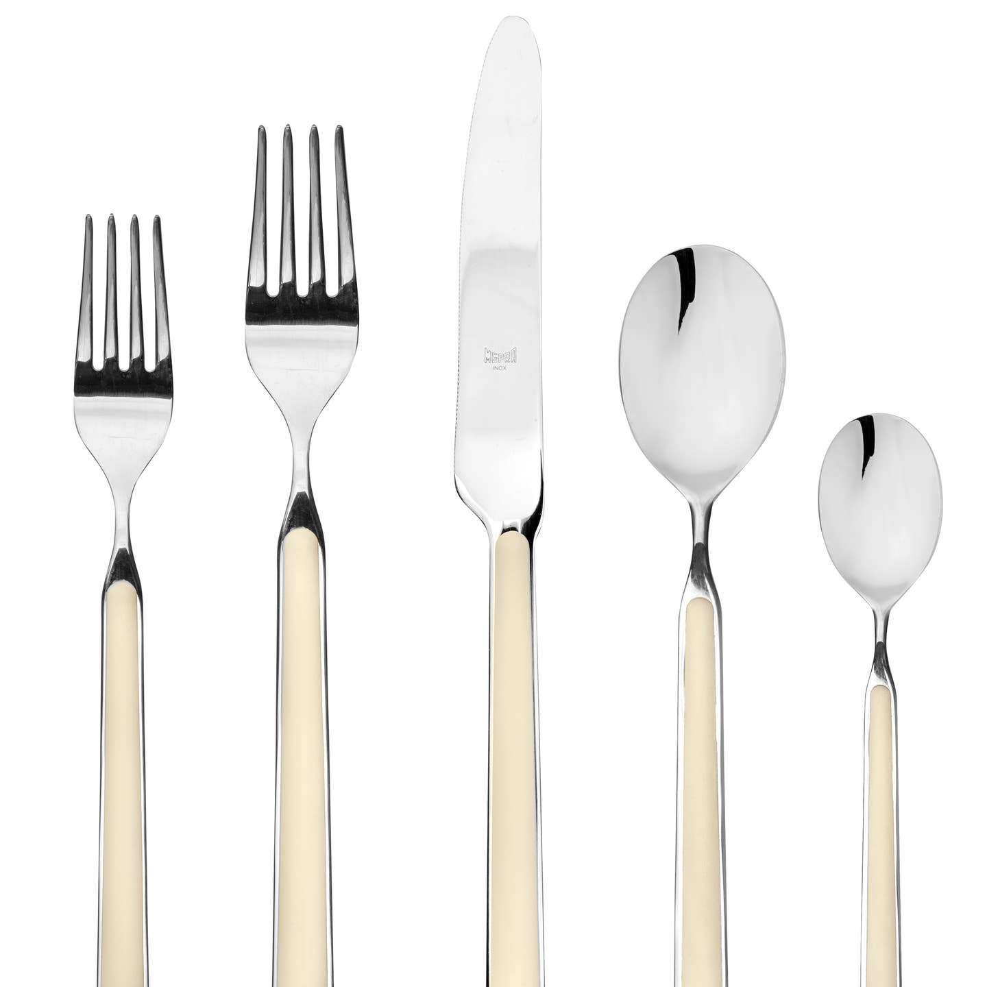 Five piece Italian flatware set in sesame with 2 forks, knife and 2 spoons on white background 