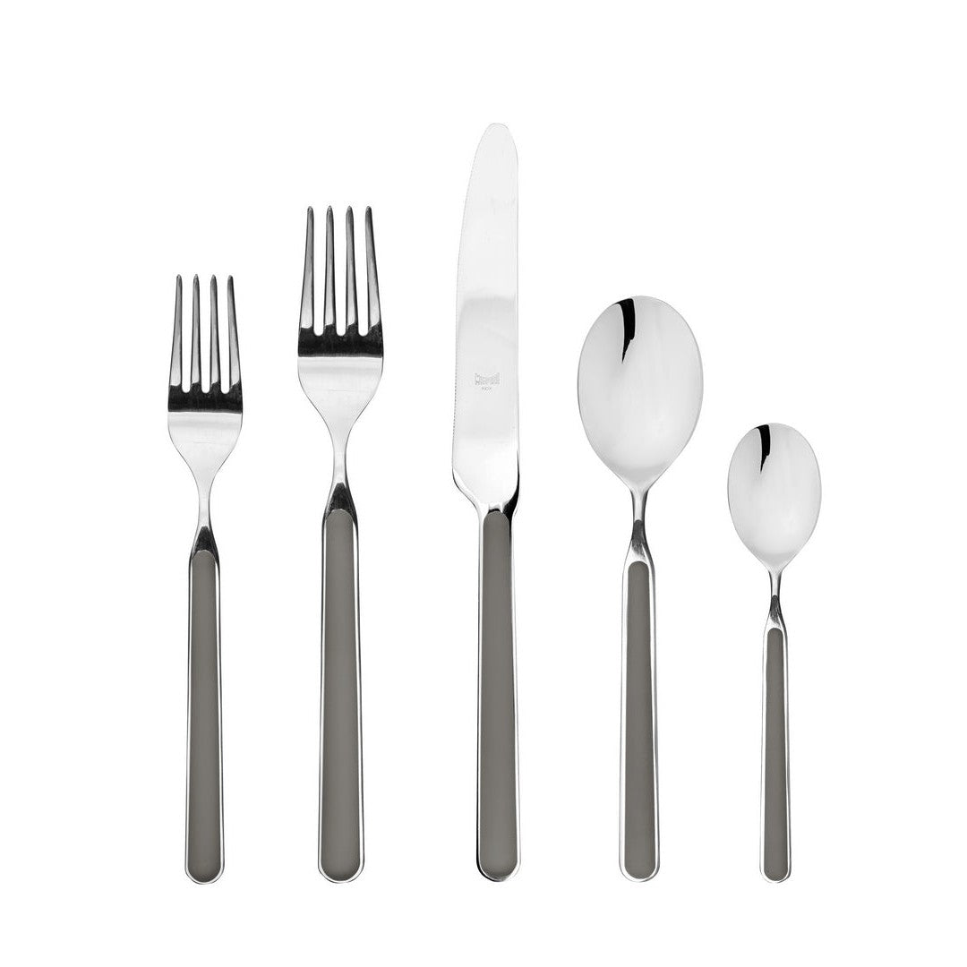 5 piece Italian flatware set in grey with 2 forks, knife and 2 spoons on white background 