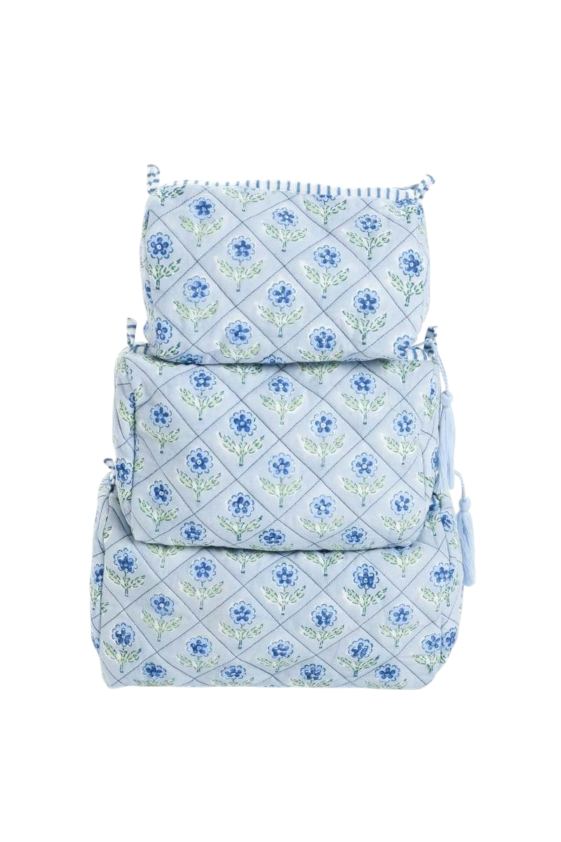 Mona Blockprint cosmetic bags in small, medium and large with blue tassel zipper 