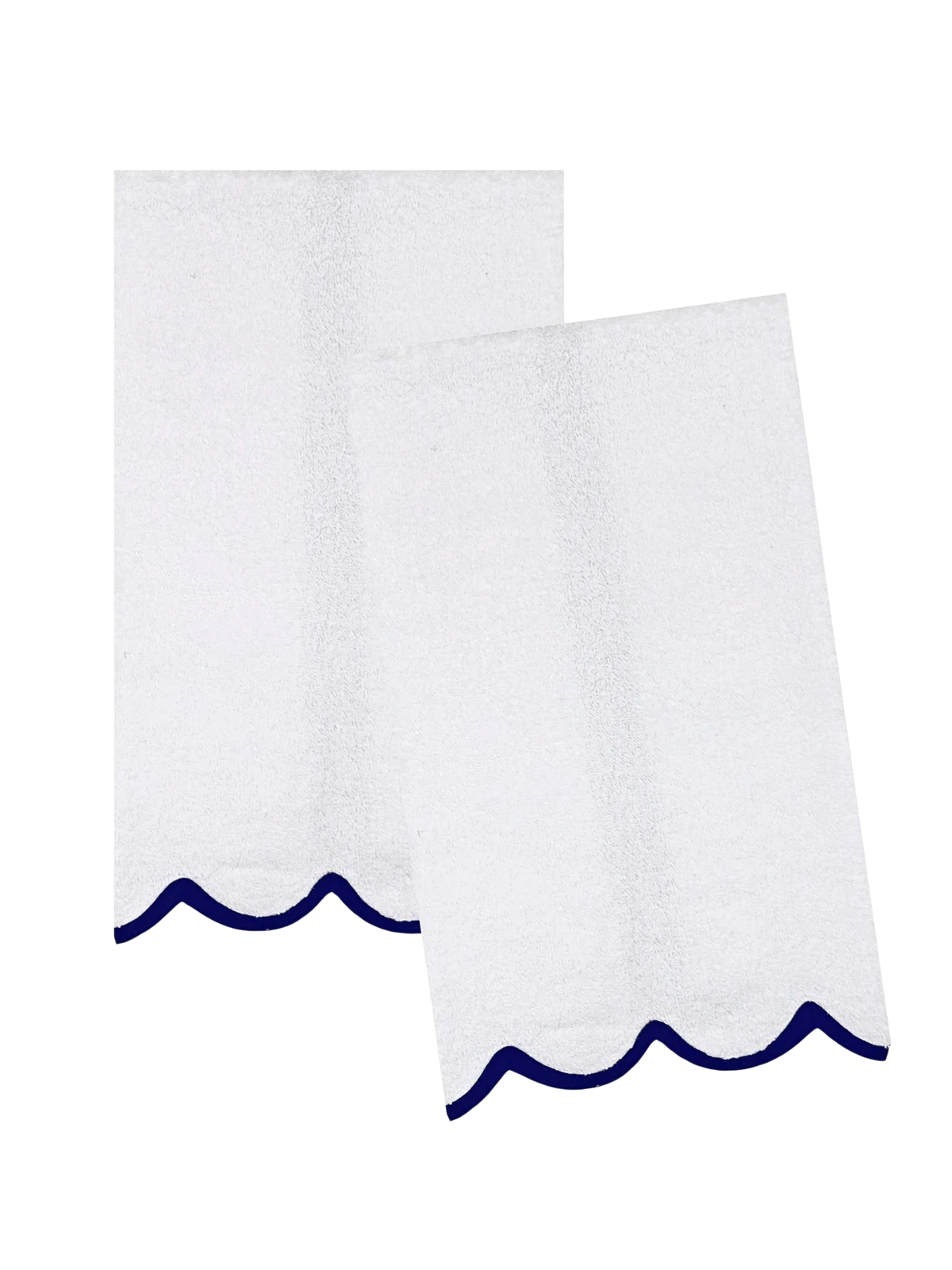 Two white towels with navy blue scalloped edges, overlapping on a plain white background.
