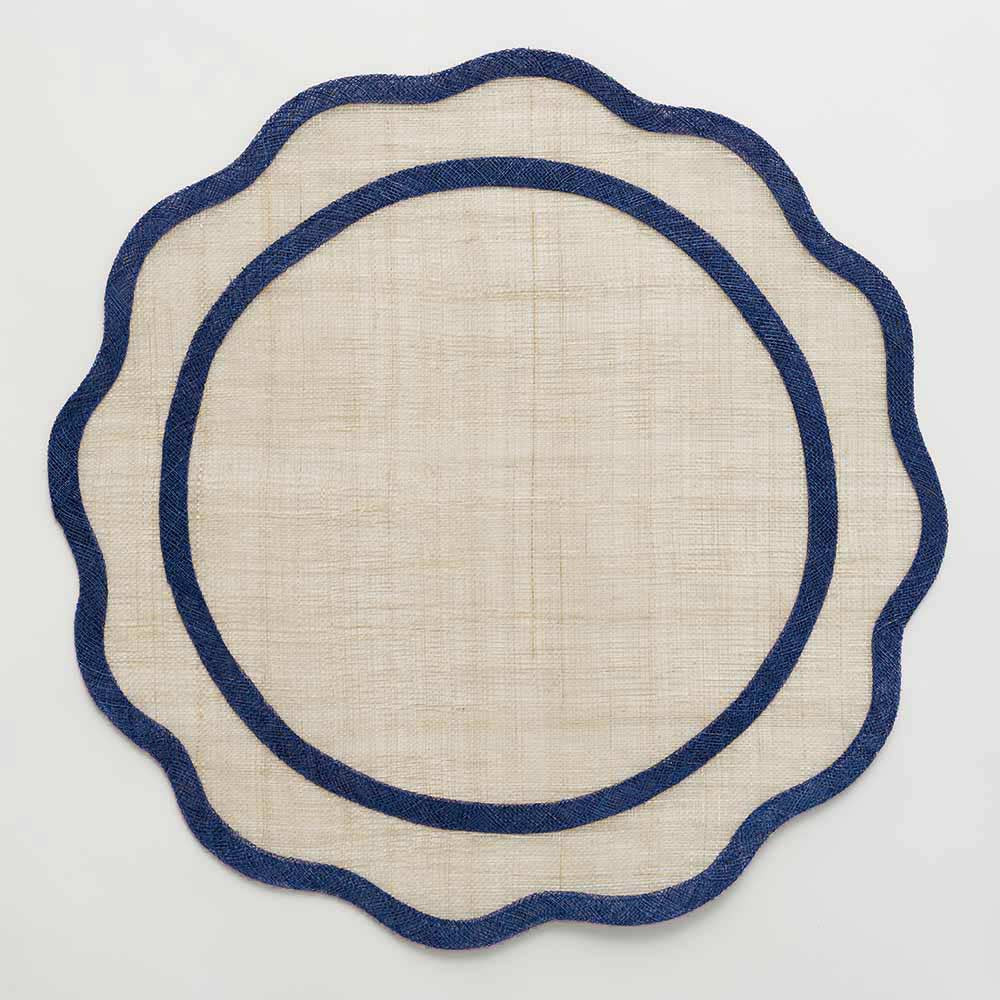 Natural Fiber Navy Scalloped edge placemat on white background