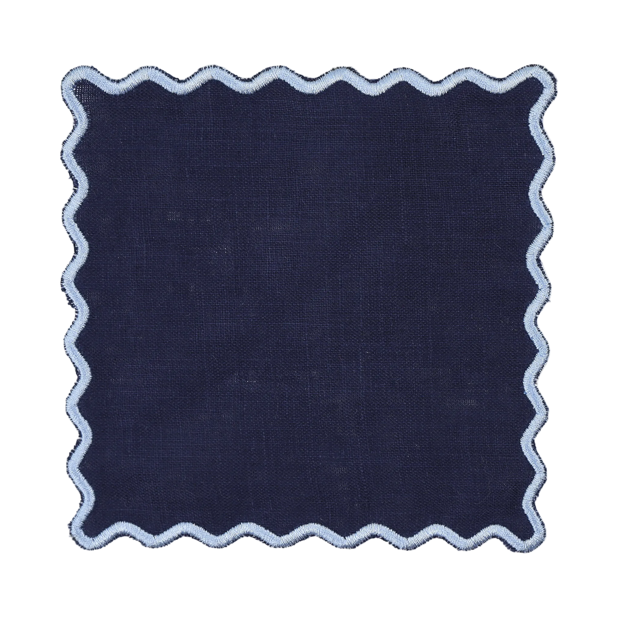 Navy blue fabric swatch with a scalloped white border on a white background