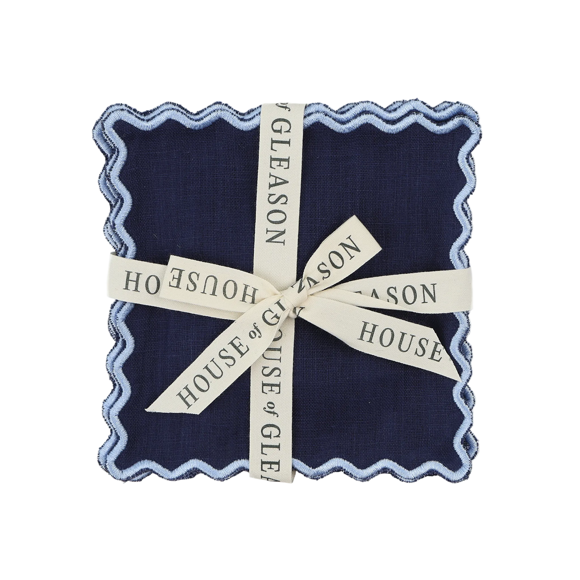 Navy fabric square with white ribbon and 'House of Gleason' branding on a white background