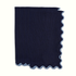 Set of navy linen dinner napkins with light blue scalloped edge on white background 