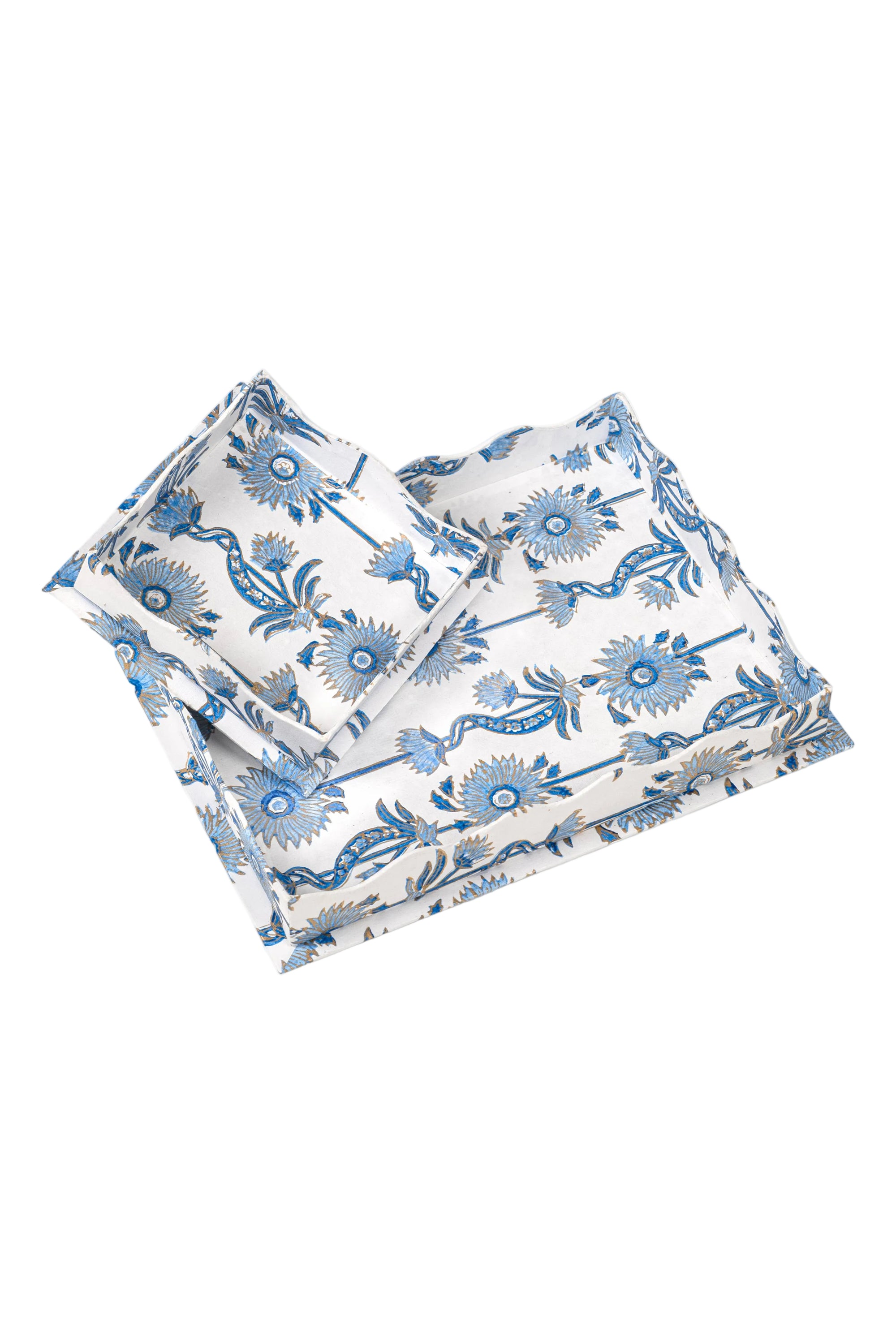 Nesting Scalloped Floral Vines Blockprint Trays - Set of 2
