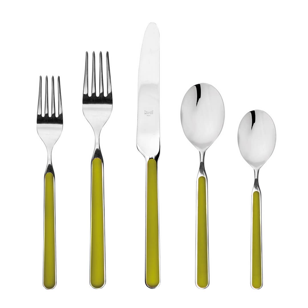 Olive green 5 piece Italian flatware set with 2 forks, knife and 2 spoons 
