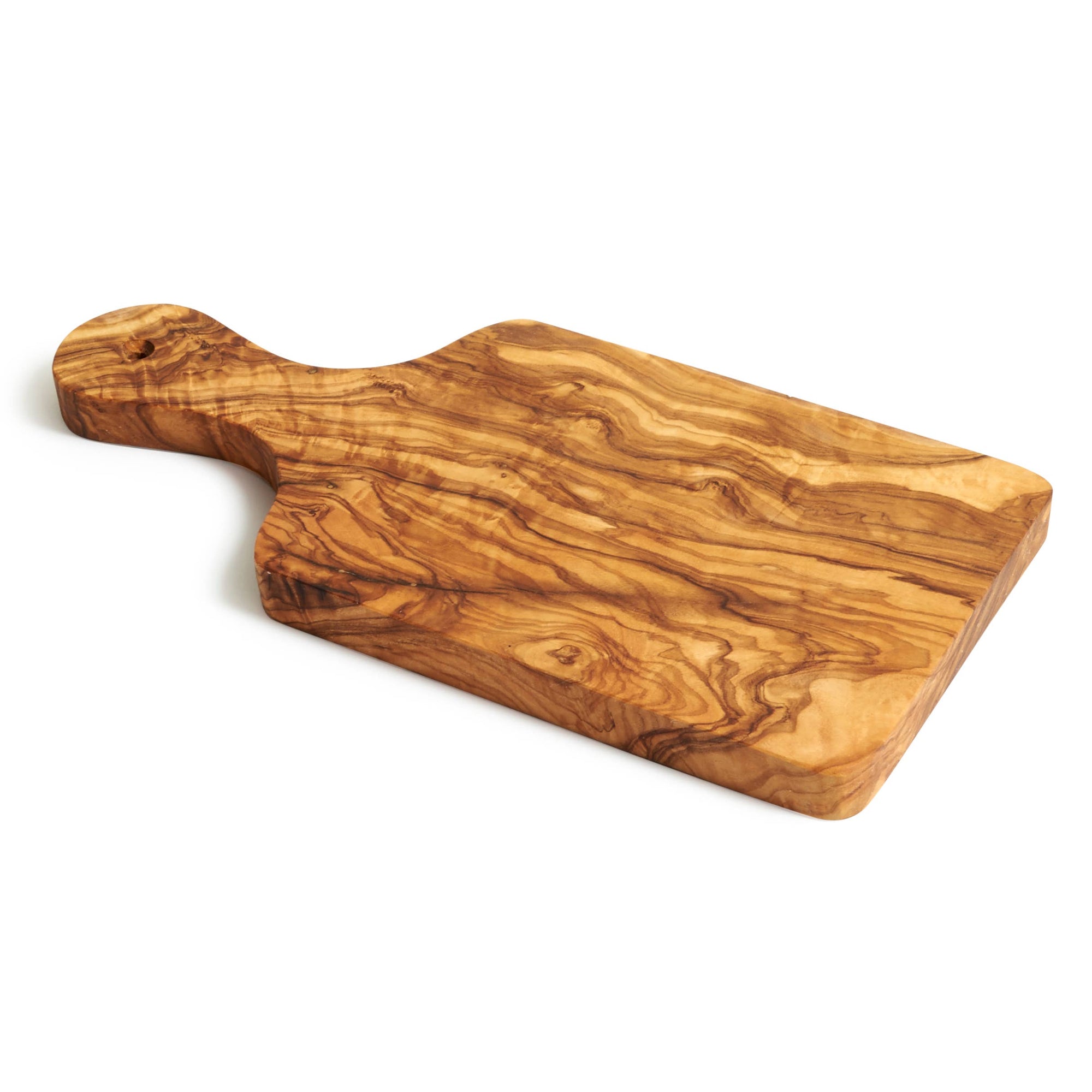 Wooden cutting board with a handle on a white background