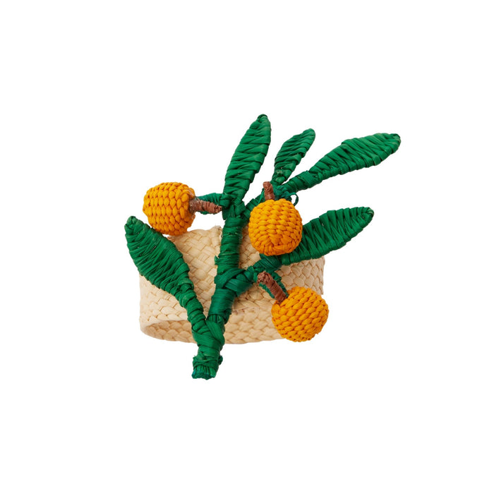Crocheted lemon branch napkin ring with green leaves on a white background