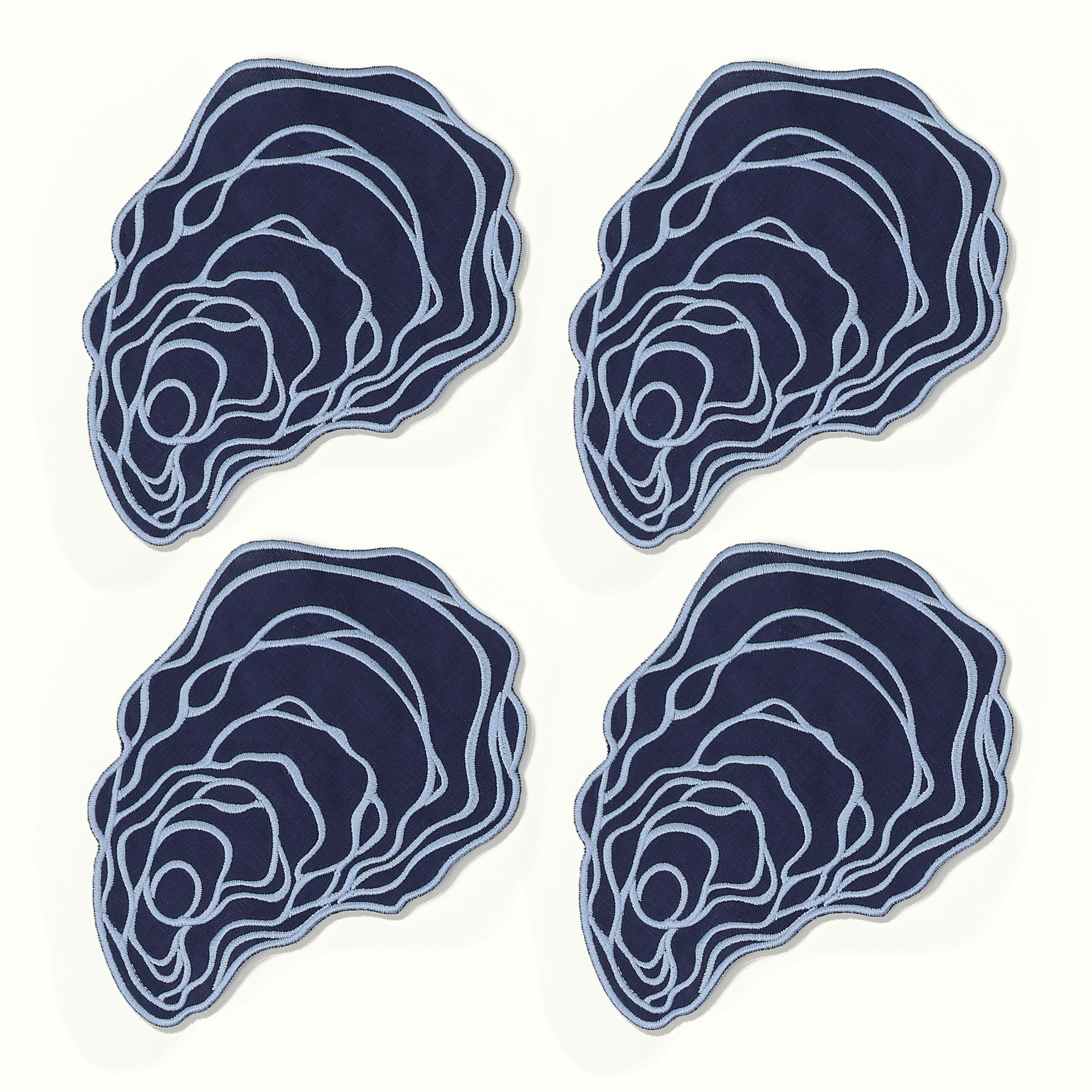 Set of 4 blue oyster cocktail napkins with light blue detail on white background 