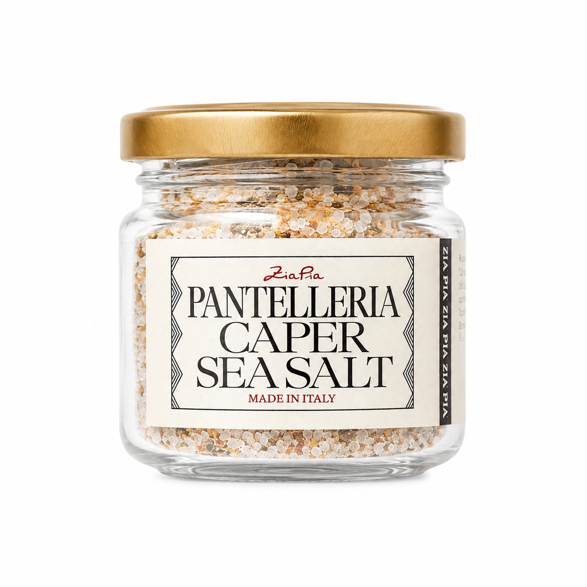 Italian sea salt with pantelleria capers in glass jar with lid on white background