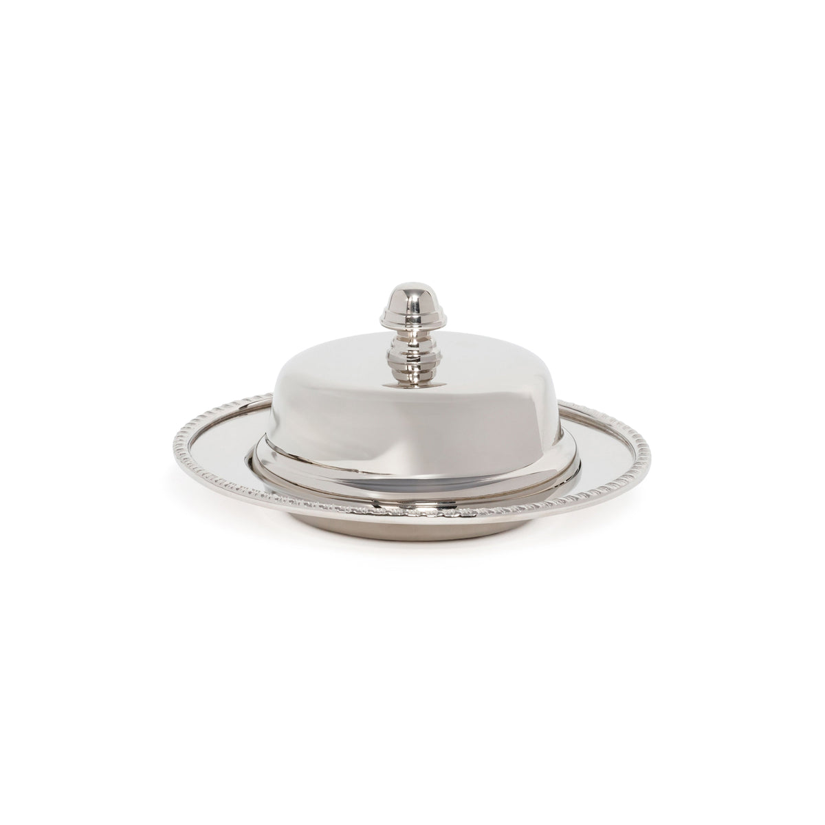 A polished silver serving dish with a domed lid, a decorative beaded rim, and a small knob on top, photographed on a clean white background.