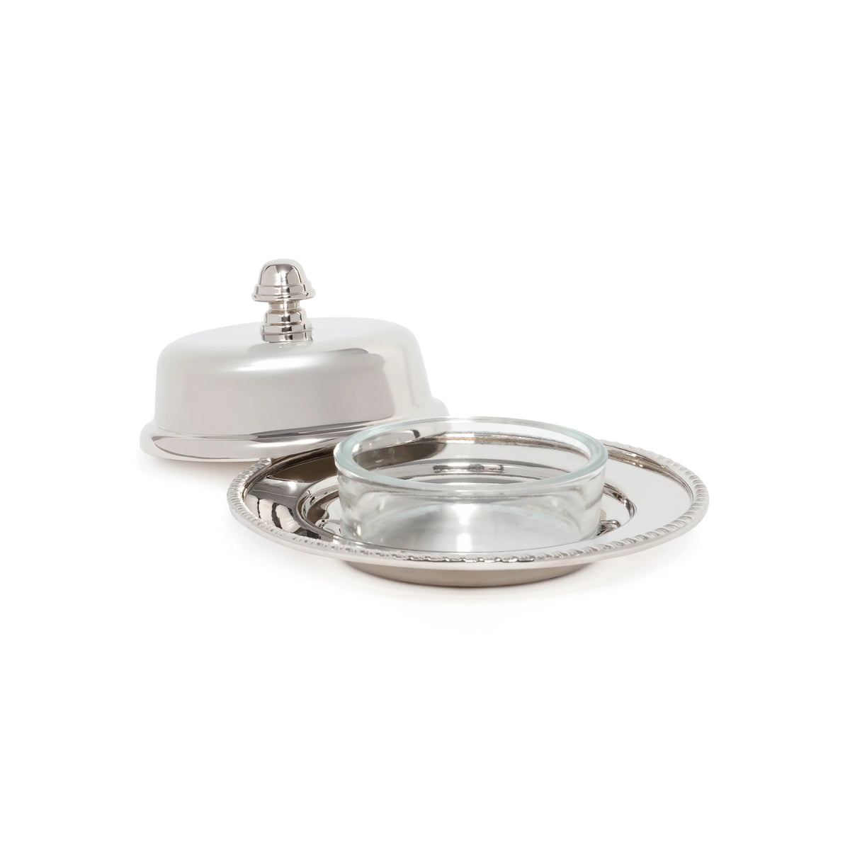 Silver serving dish with lid on a white background