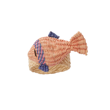 Woven fish-shaped napkin ring on a white background