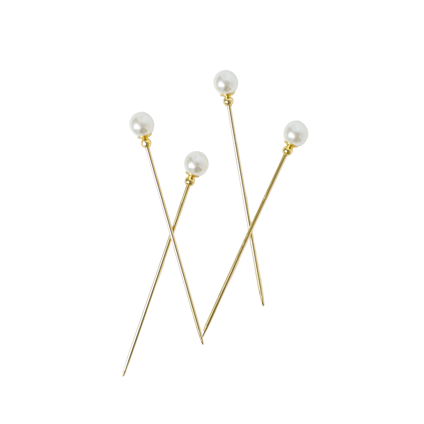 Three pearl hairpins on gold sticks against a white background