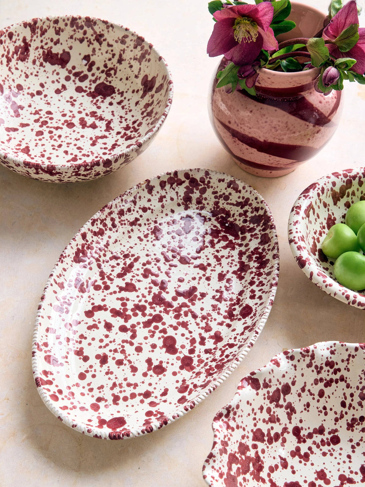 Bordeaux Red Splatter Rolled Edge Serving Bowl