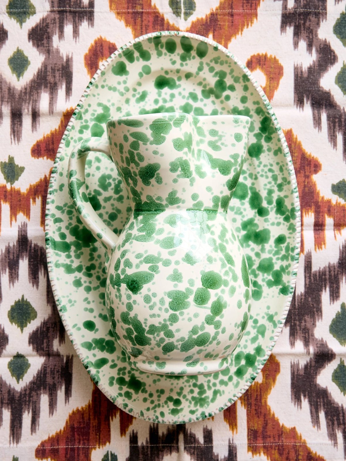 Green Splatter Oval Platter - Textured Rim