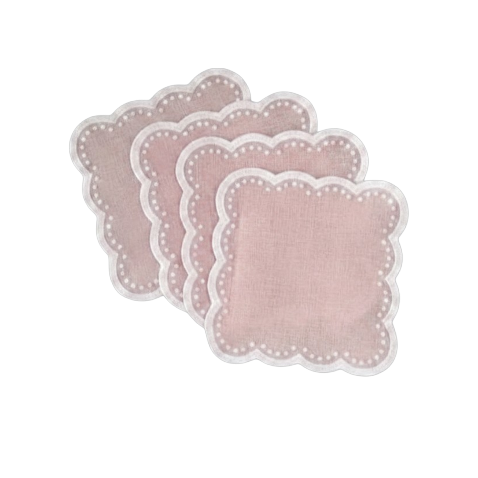 Set of four pink placemats with scalloped edge on a white background