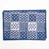 Blue and white patterned fabric with a grid of various designs on a white background