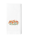 White towel with orange floral design on a white background