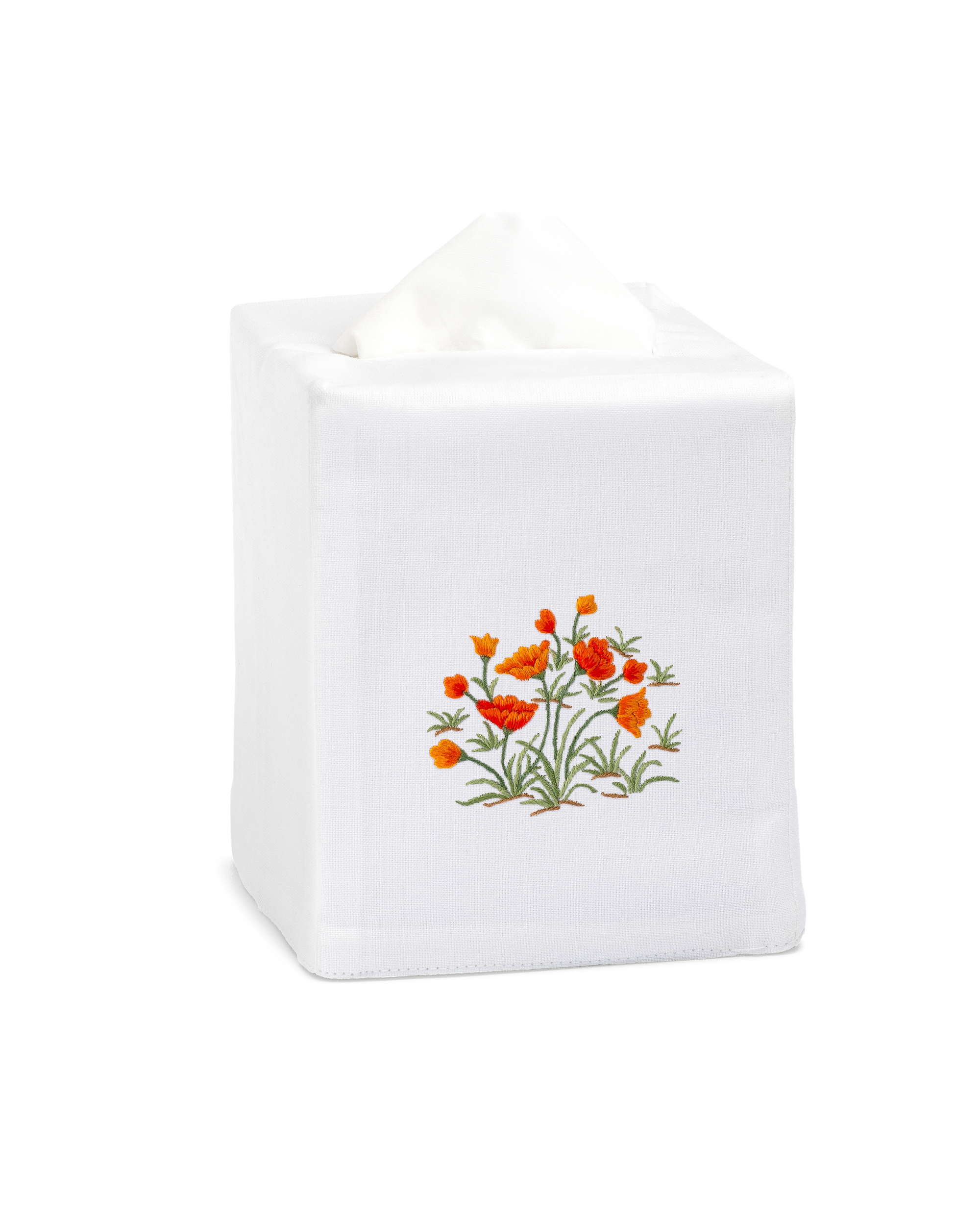 Tissue box cover with white background and orange poppies embroidered on 