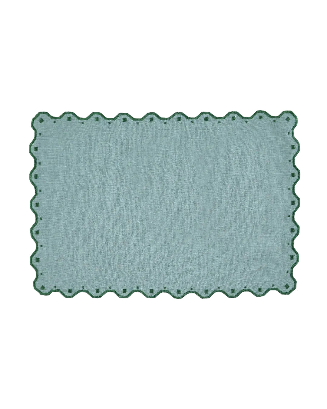 Rectangular green rug with scalloped edge on a white background