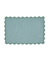 Rectangular green rug with scalloped edge on a white background
