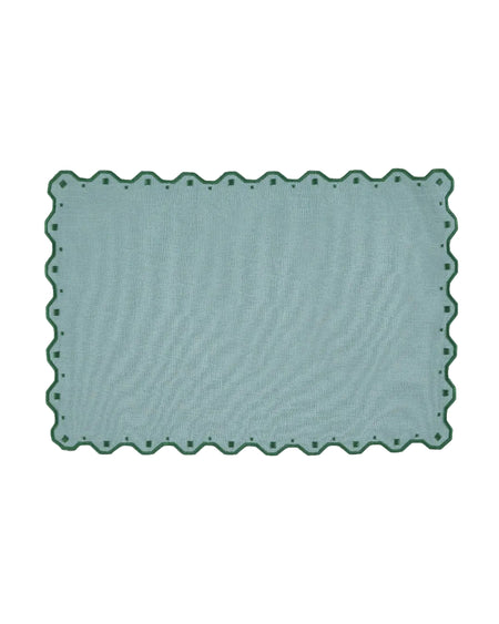 Rectangular green rug with scalloped edge on a white background