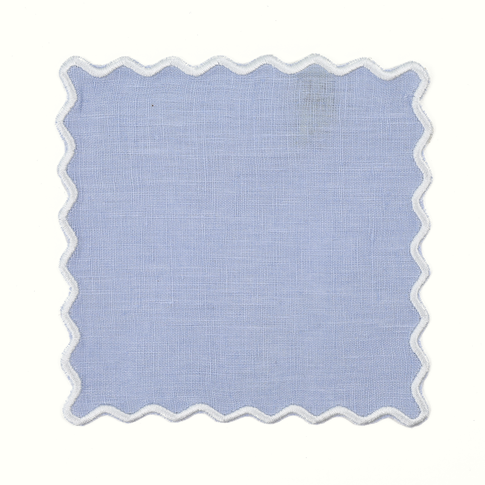 Powder blue cocktail napkin square with scallped white edge on white background 