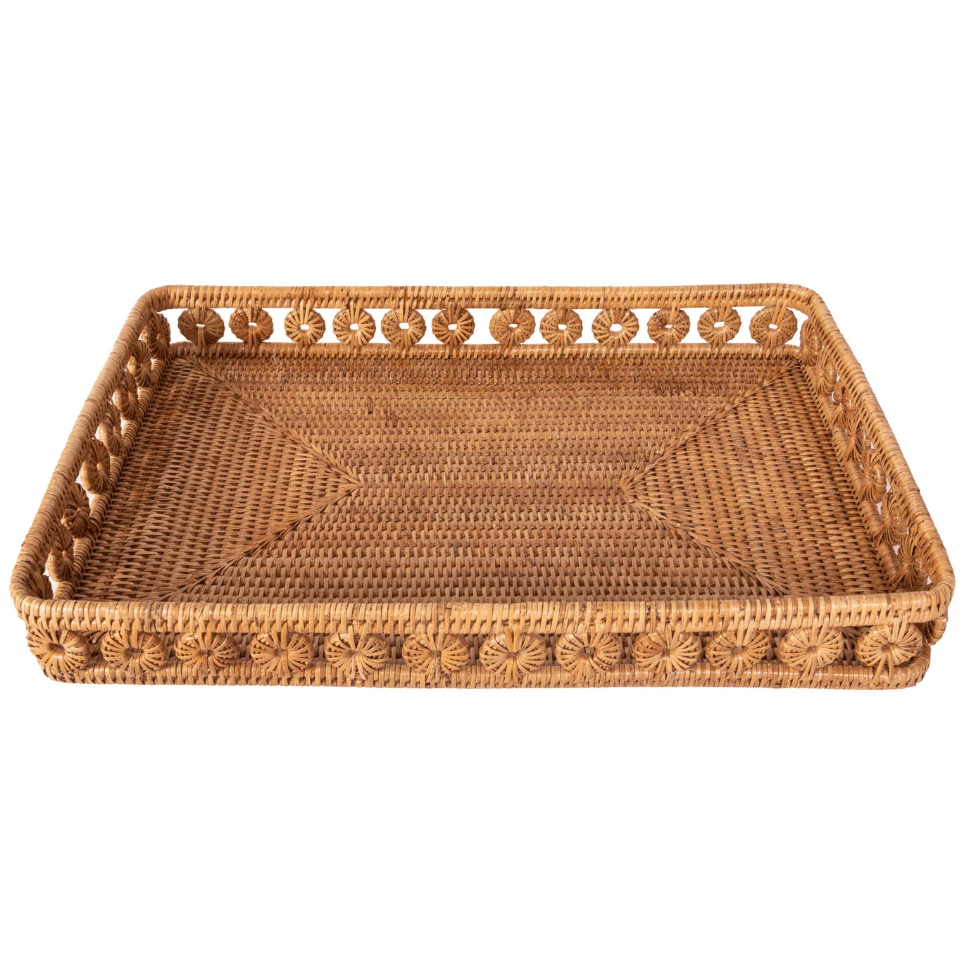 Woven rattan tray on a white background