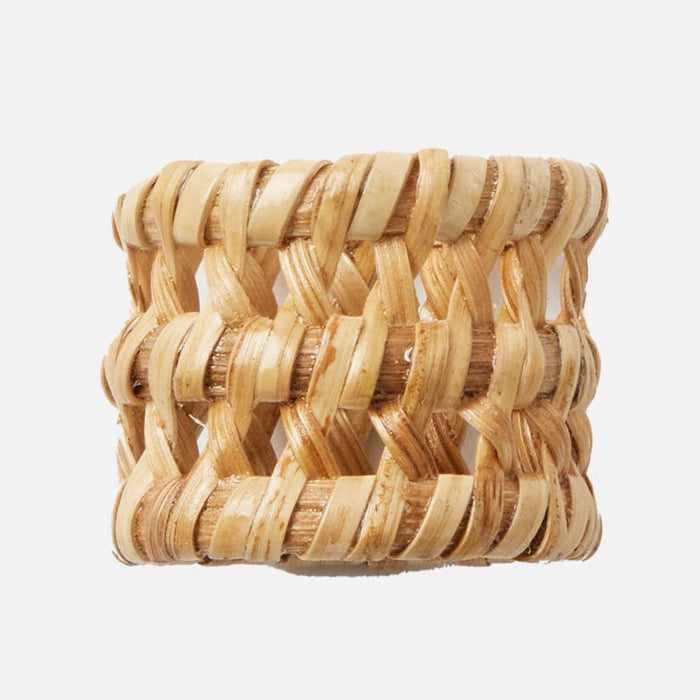 Woven rattan napkin ring on a white background