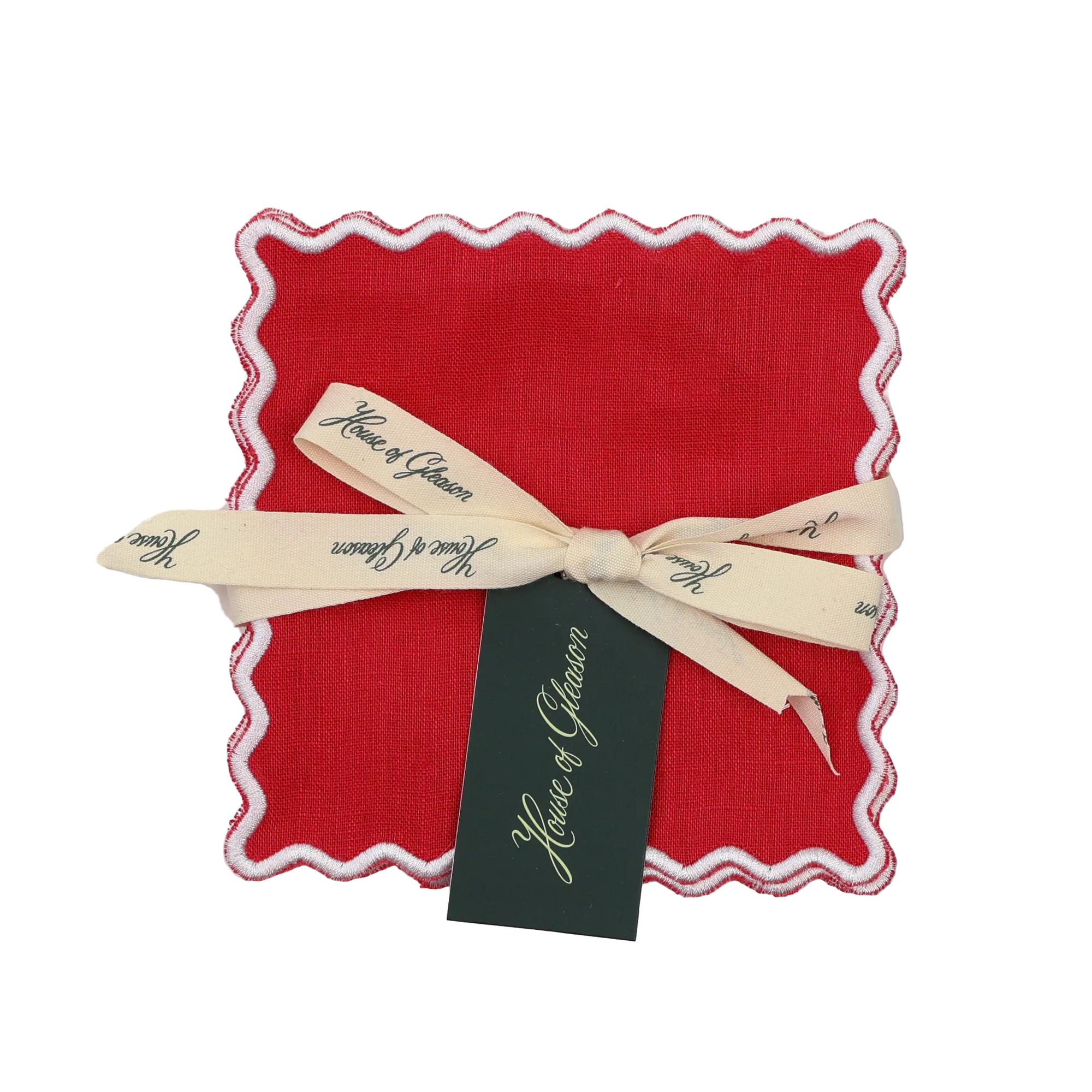 Red fabric square with white scalloped edges and a beige ribbon, featuring 'House of Fraser' branding.