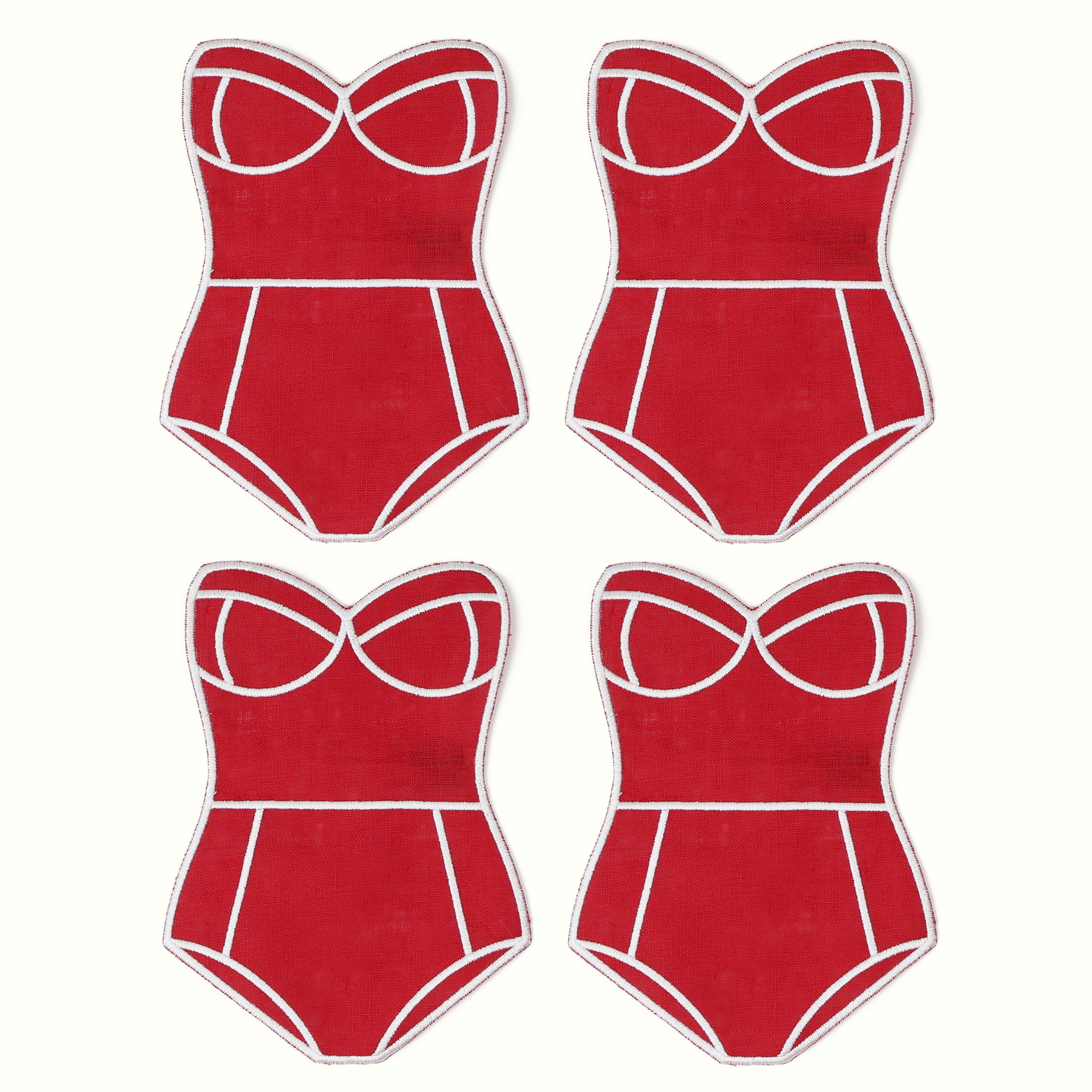 Set of 4 red swimsuit cocktail napkins on white background 