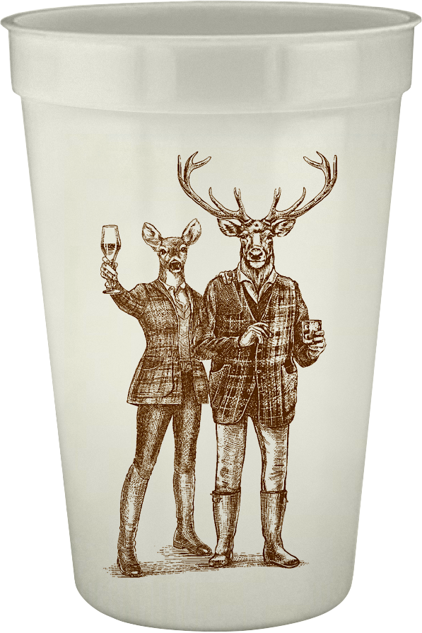 Disposable drinking cup with two reindeer on front with drinks 