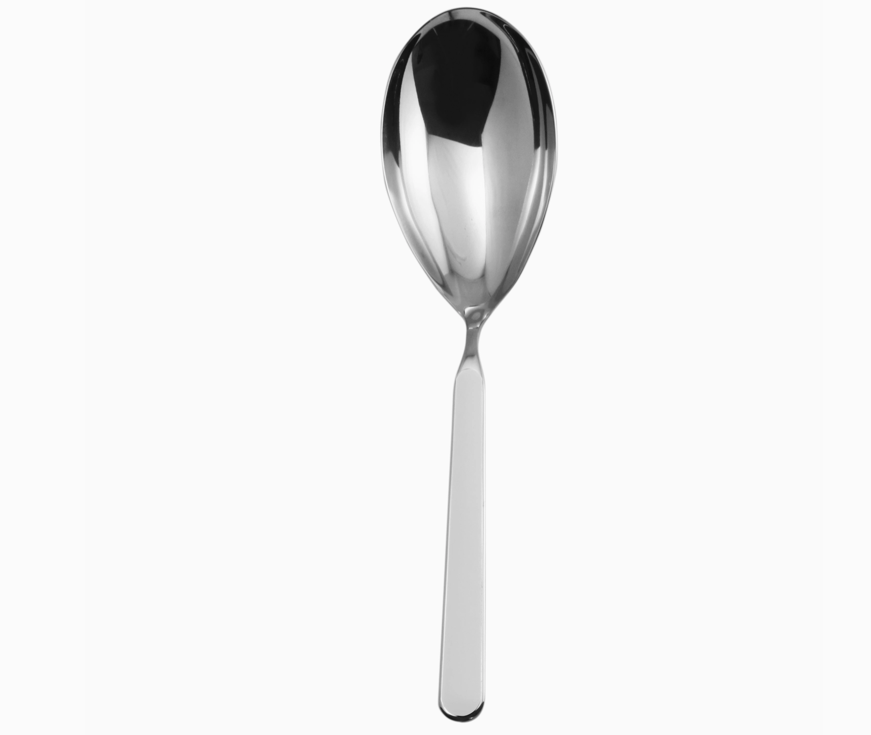 Stainless steel Italian risotto spoon with white handle on white background 