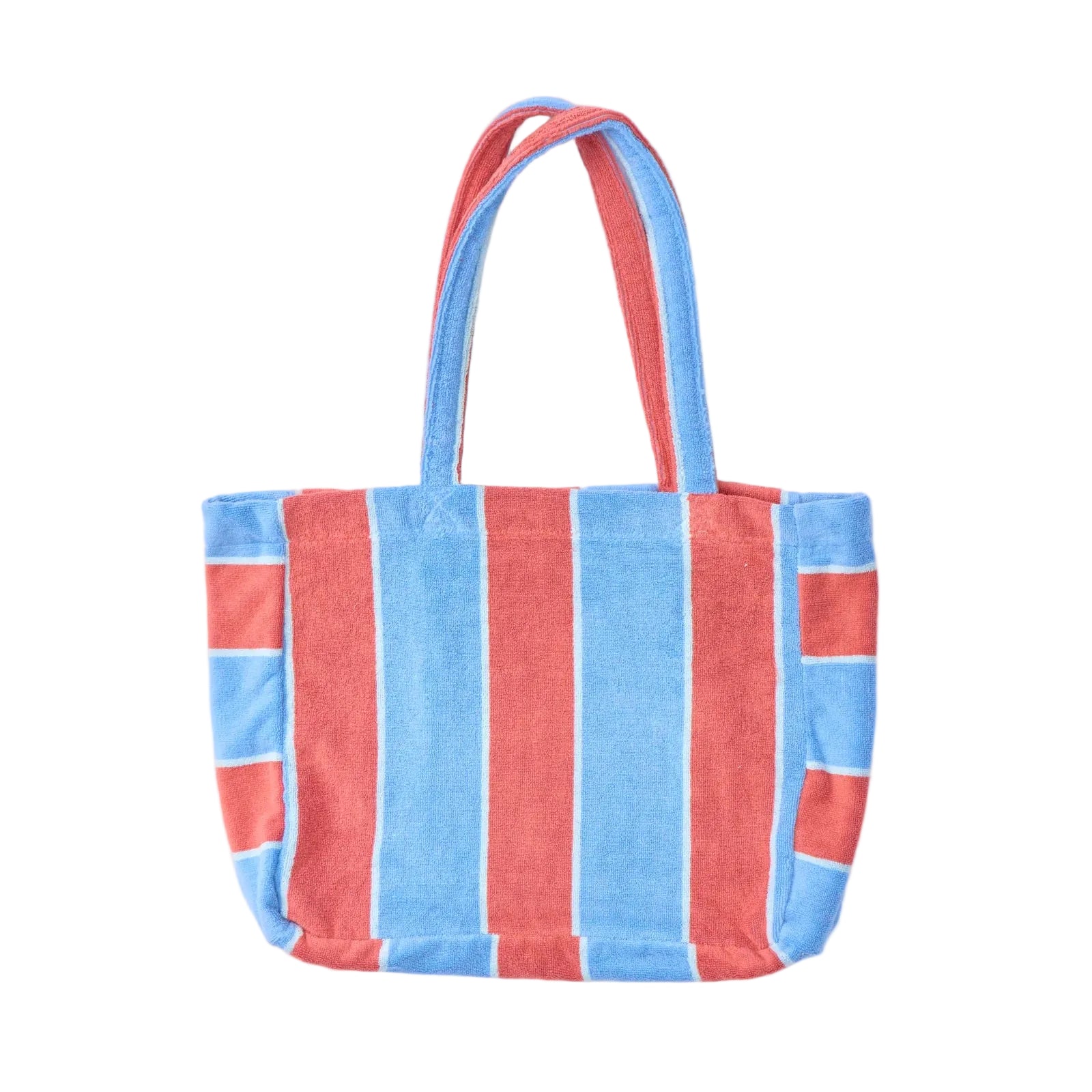 A striped canvas tote bag with alternating vertical red and light blue stripes, featuring matching red and blue shoulder straps, shown against a plain light gray background.