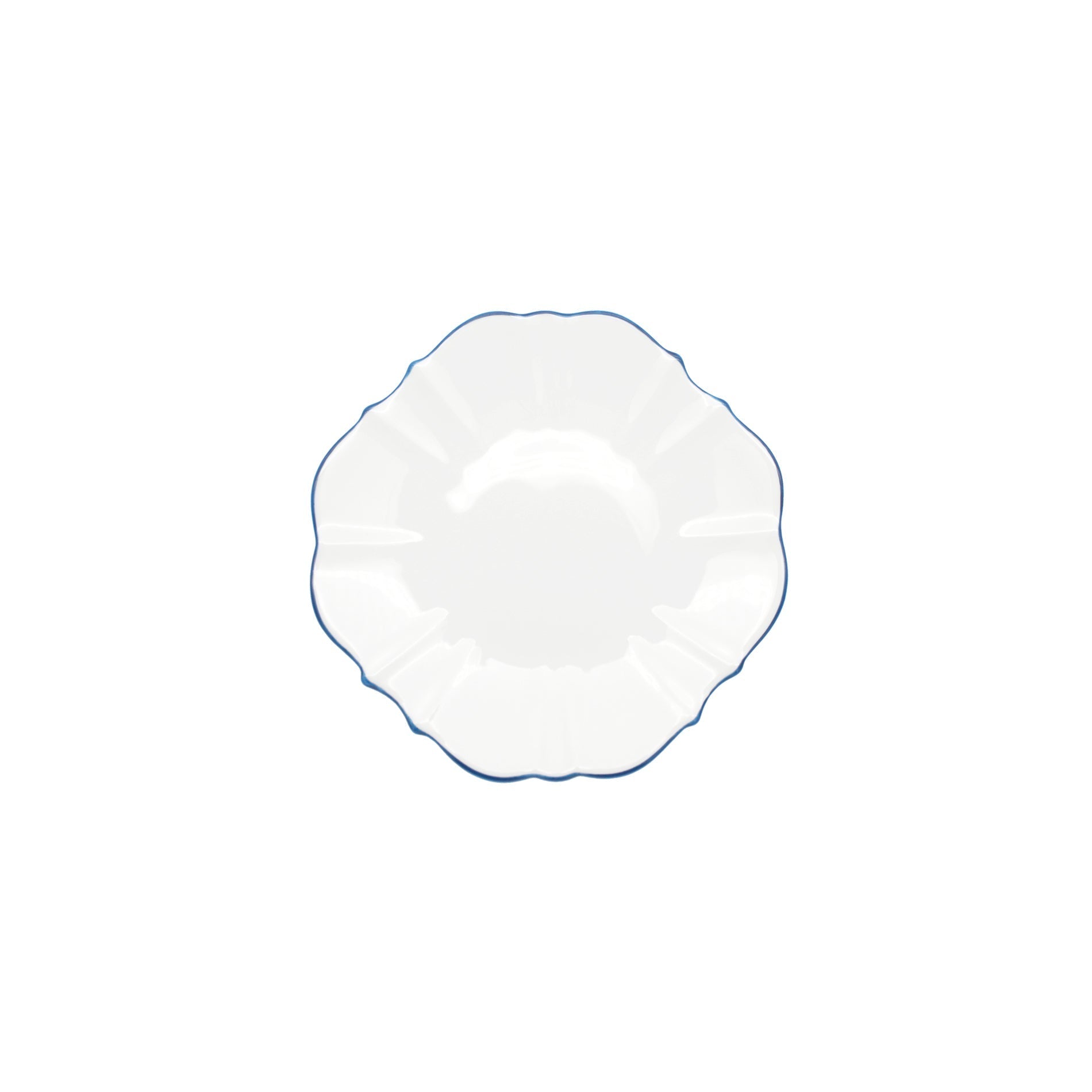 White bread plate with royal blue rim on white background 