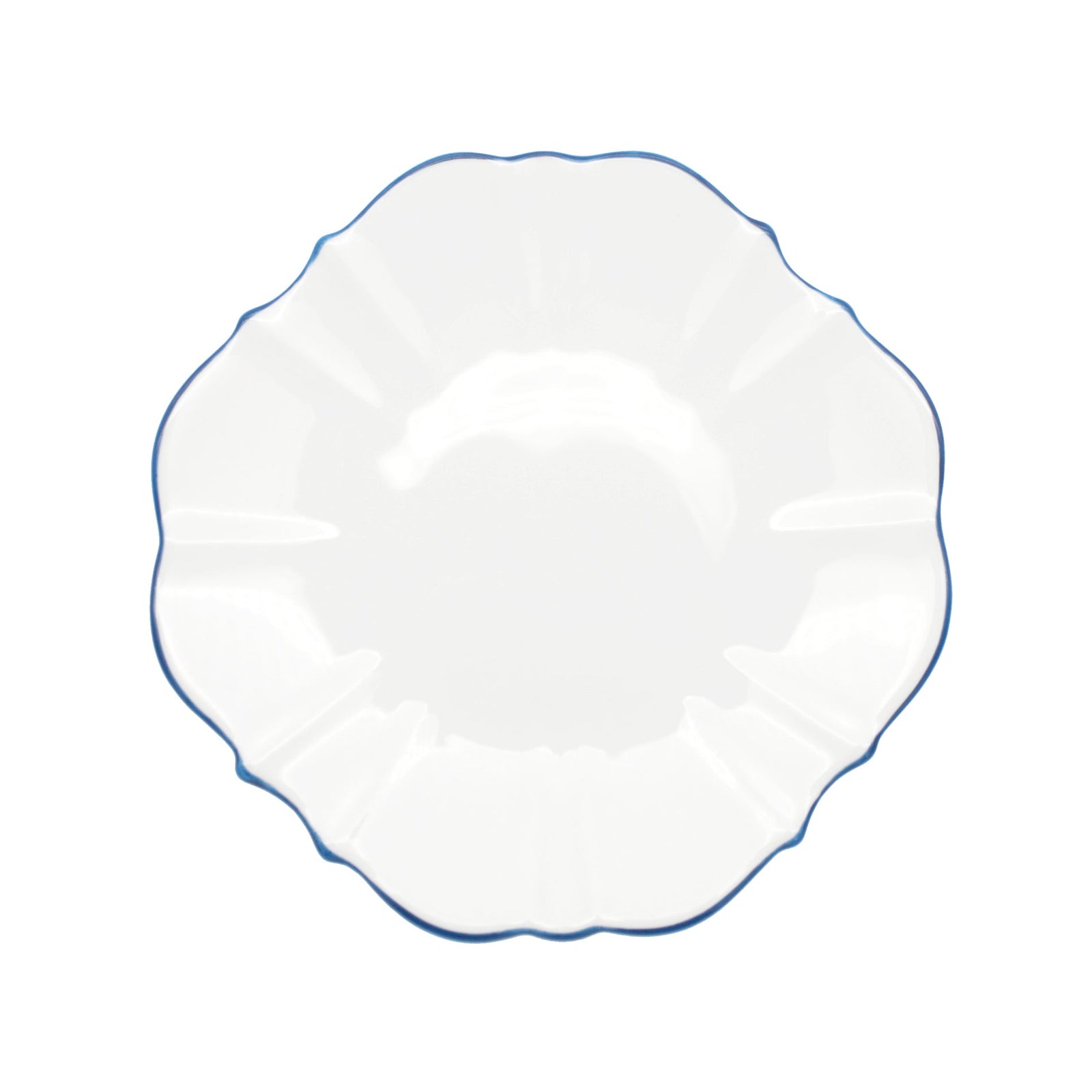 A 10.5 inch dinner plate with a royal blue rim and a hand-painted color accent on the rim, made of fine bone china.