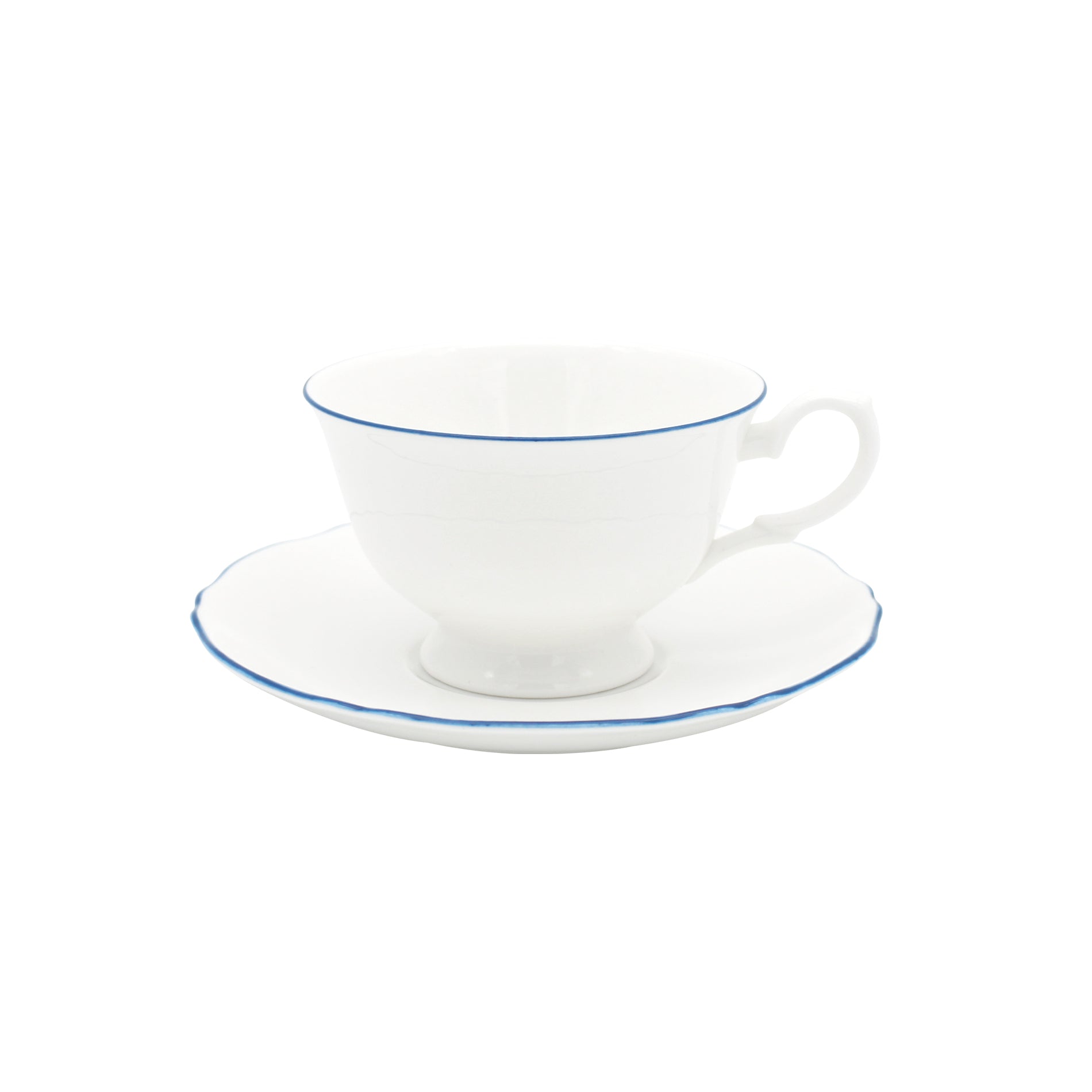 Tea cup and saucer with royal blue trim on white background 
