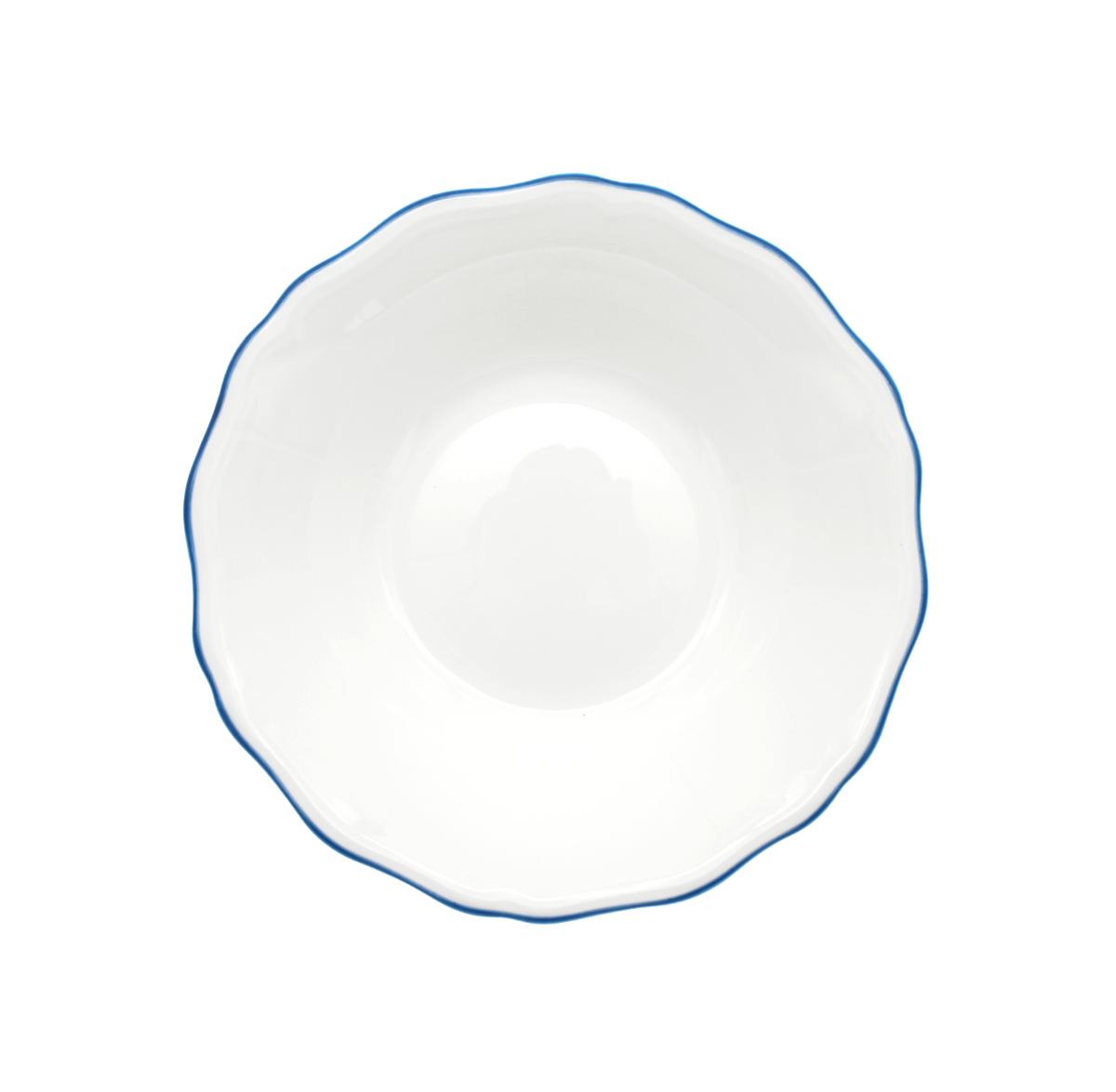 A white fine bone china soup/pasta bowl with a hand-painted royal blue rim.