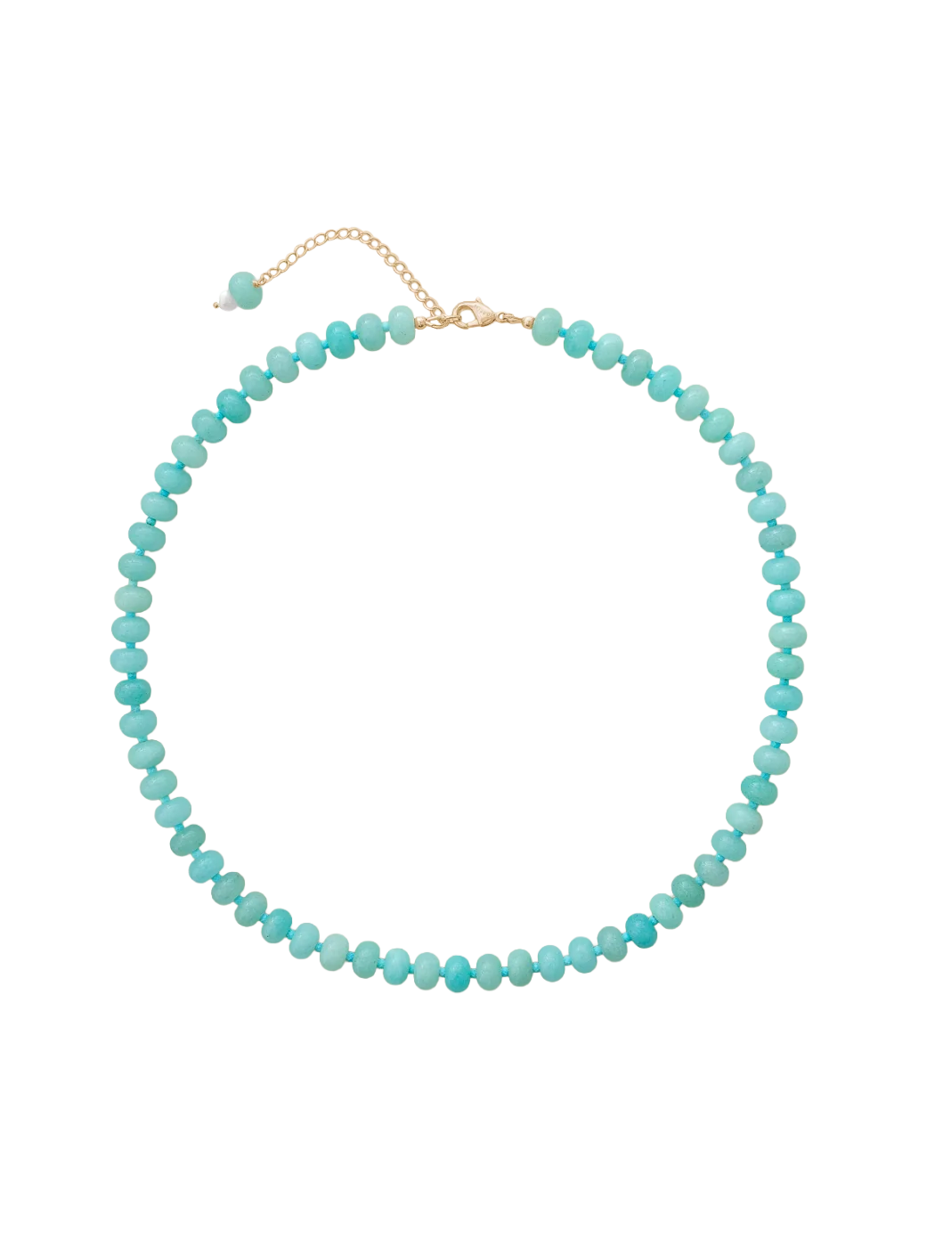 Rondelle cut gem stone necklace with gold clasp and extender with fresh water pearl 