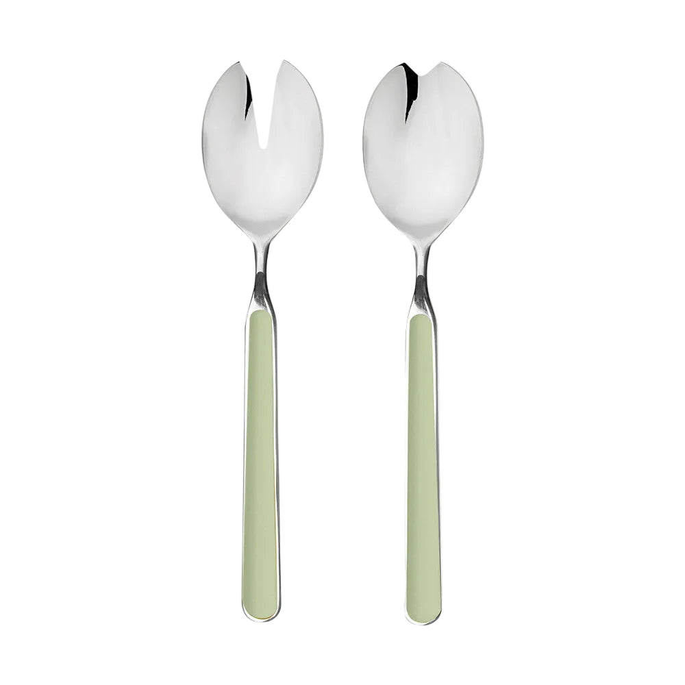 A set of two sage green colored stainless steel spoons with highly colored handles.