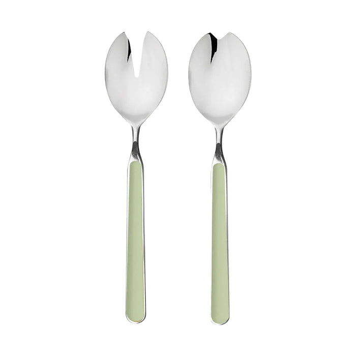 A set of two sage green colored stainless steel spoons with highly colored handles.