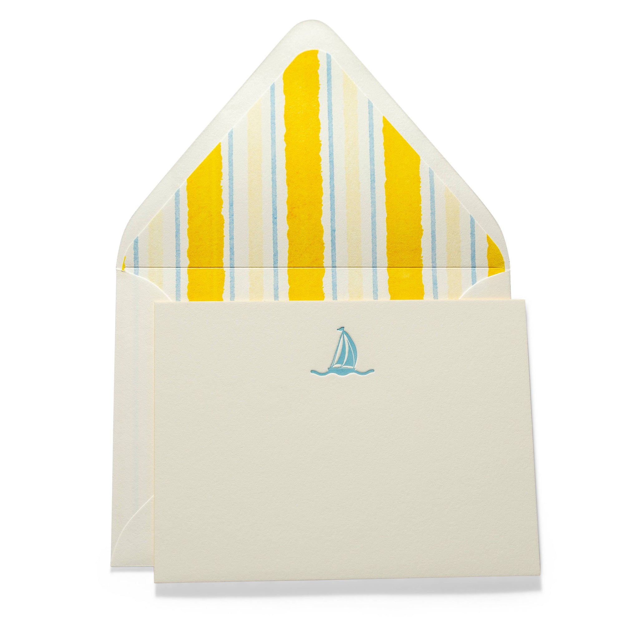Blue sailboat notecards with envelope with yellow and blue stripes on white background 