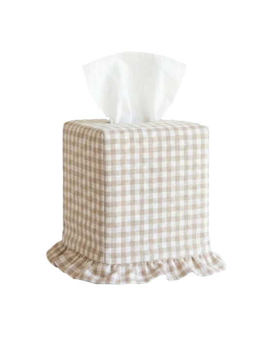 Tissue box cover with checkered pattern on a white background